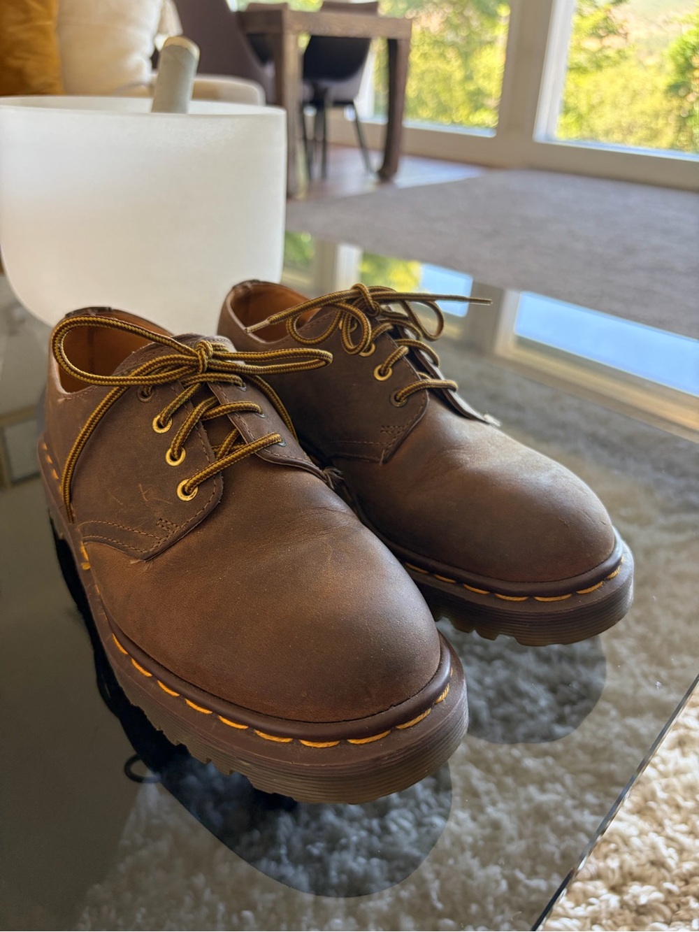 Dr. Martens Brown Leather 3-Eye Derby with Yellow Stitching